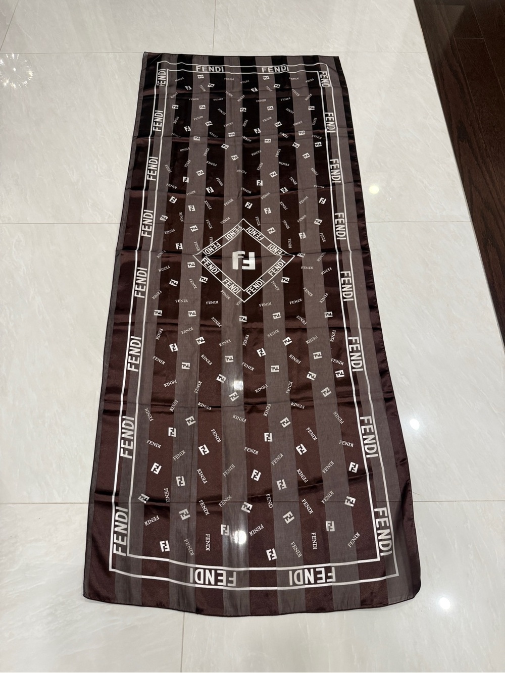 Vintage Fendi Brown and White Logo Silk Scarf